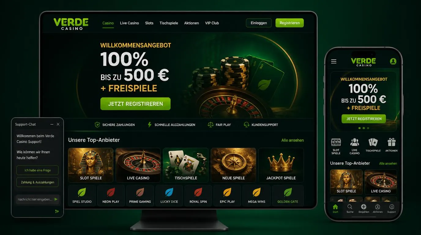 Casino-Startseite mit Willkommensbonus, Spielkacheln und deutschsprachigem Support-Bereich