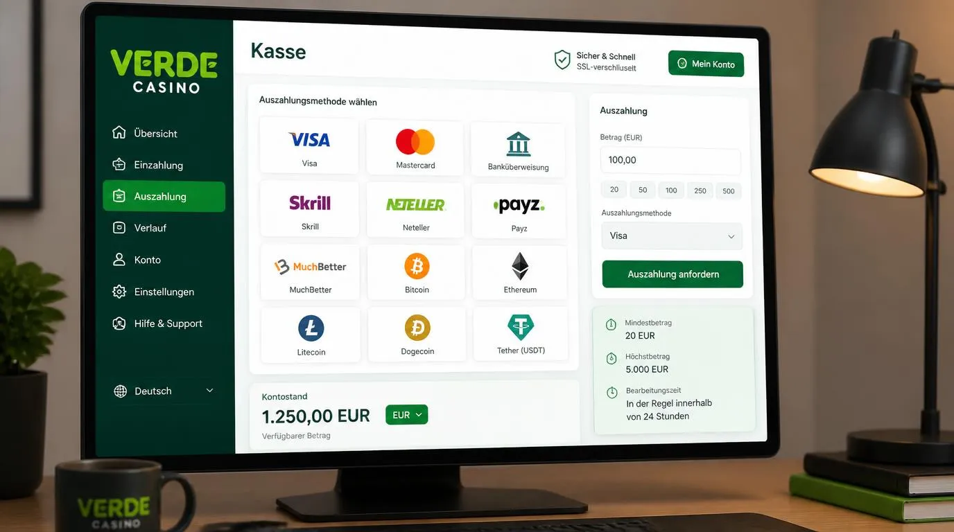 Kassenbereich eines Online-Casinos mit Euro-Konto, Karten, E-Wallets und Kryptowährungen
