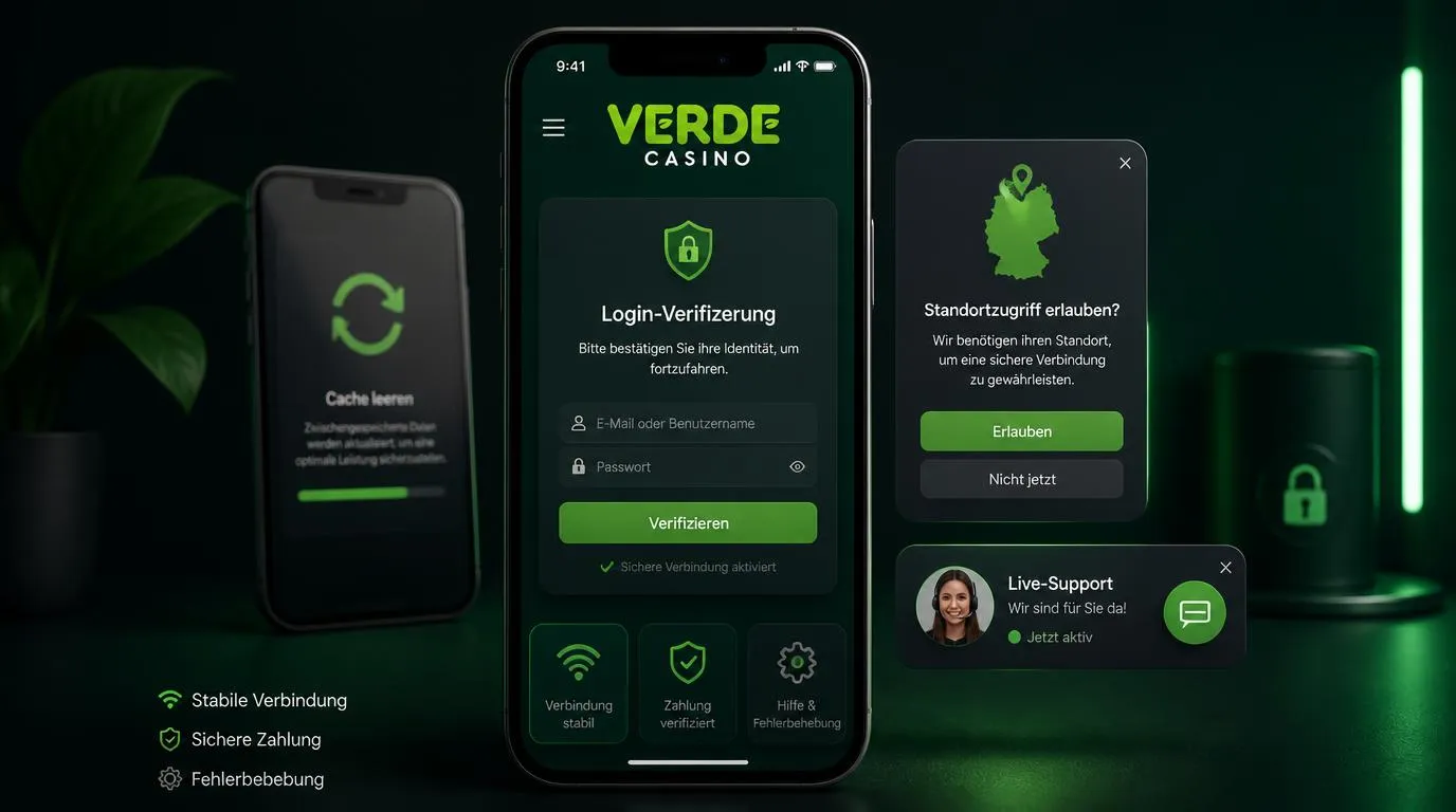 Smartphone mit Login-Prüfung, Standortfreigabe und Live-Chat für mobile Casino-Hilfe