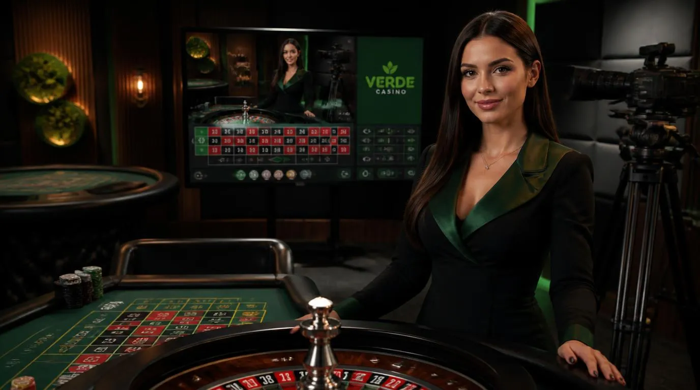 Live-Casino-Studio mit professioneller Dealerin am Roulette-Tisch und HD-Übertragung