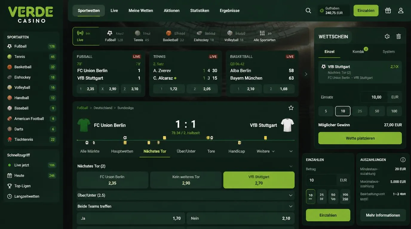 Sportwetten-Oberfläche mit Live-Quoten, Einzelwette, Kombiwette und Auszahlungsbereich in Euro