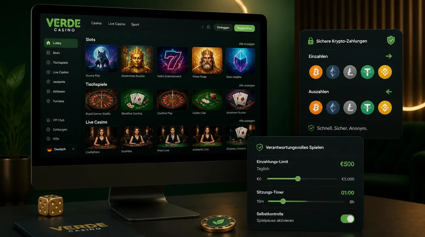 Casino-Oberfläche mit Spielauswahl, Krypto-Zahlungsoption und Einstellungen für verantwortungsvolles Spielen
