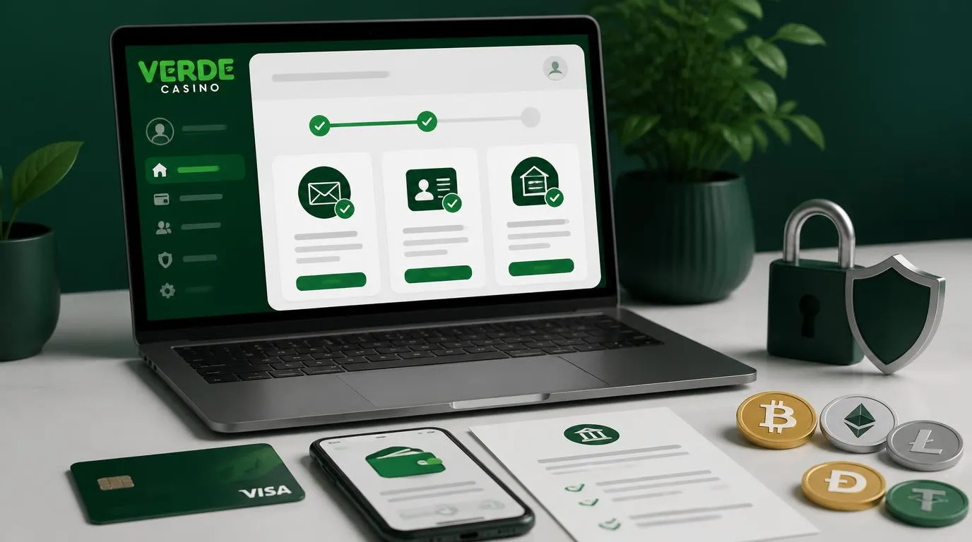 Casino-Konto mit Ausweisprüfung, Adressnachweis und sicheren Zahlungsoptionen auf einem Laptop