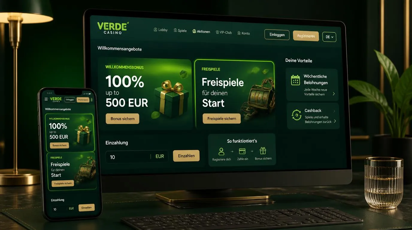 Bonusbereich eines Online-Casinos mit Willkommensbonus, Freispiele-Anzeige und Einzahlung ab 10 Euro